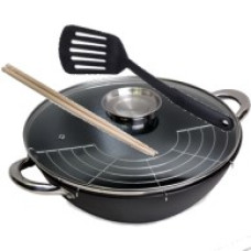 Казан чавунний Wok 3.0 л з антипригарним покриттям з аромокришкою лопаткою сіткою і 2 паличками 4815
